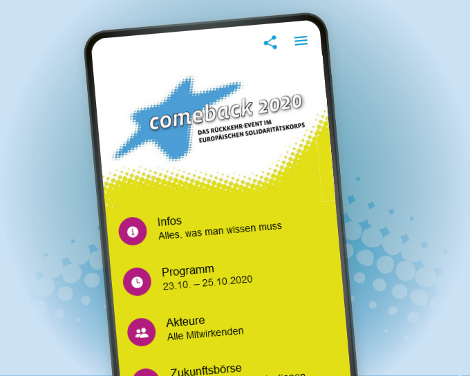 Corporate-Design für Online-Event comeback 2020, Screen-Design des Events dargestellt auf einem Smartphone